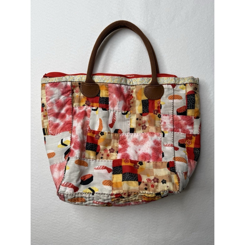 Patchwork Quilted Tote Bag Floral Sushi Patterns Handmade Boho Cottagecore Red